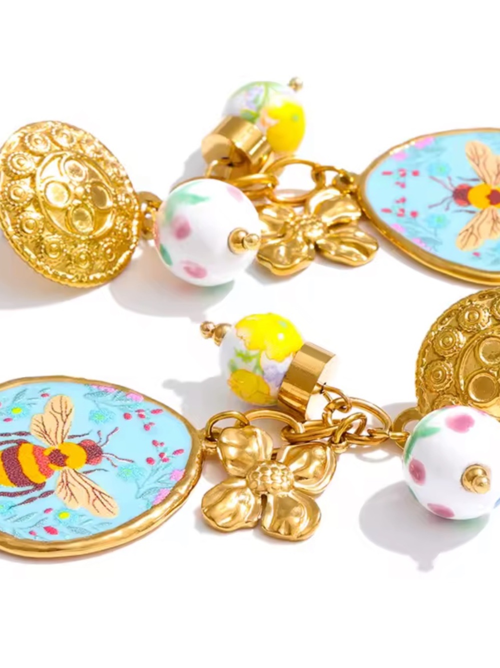 Whimsical Bee Blue Floral Charm Earrings - Picture 13 of 13